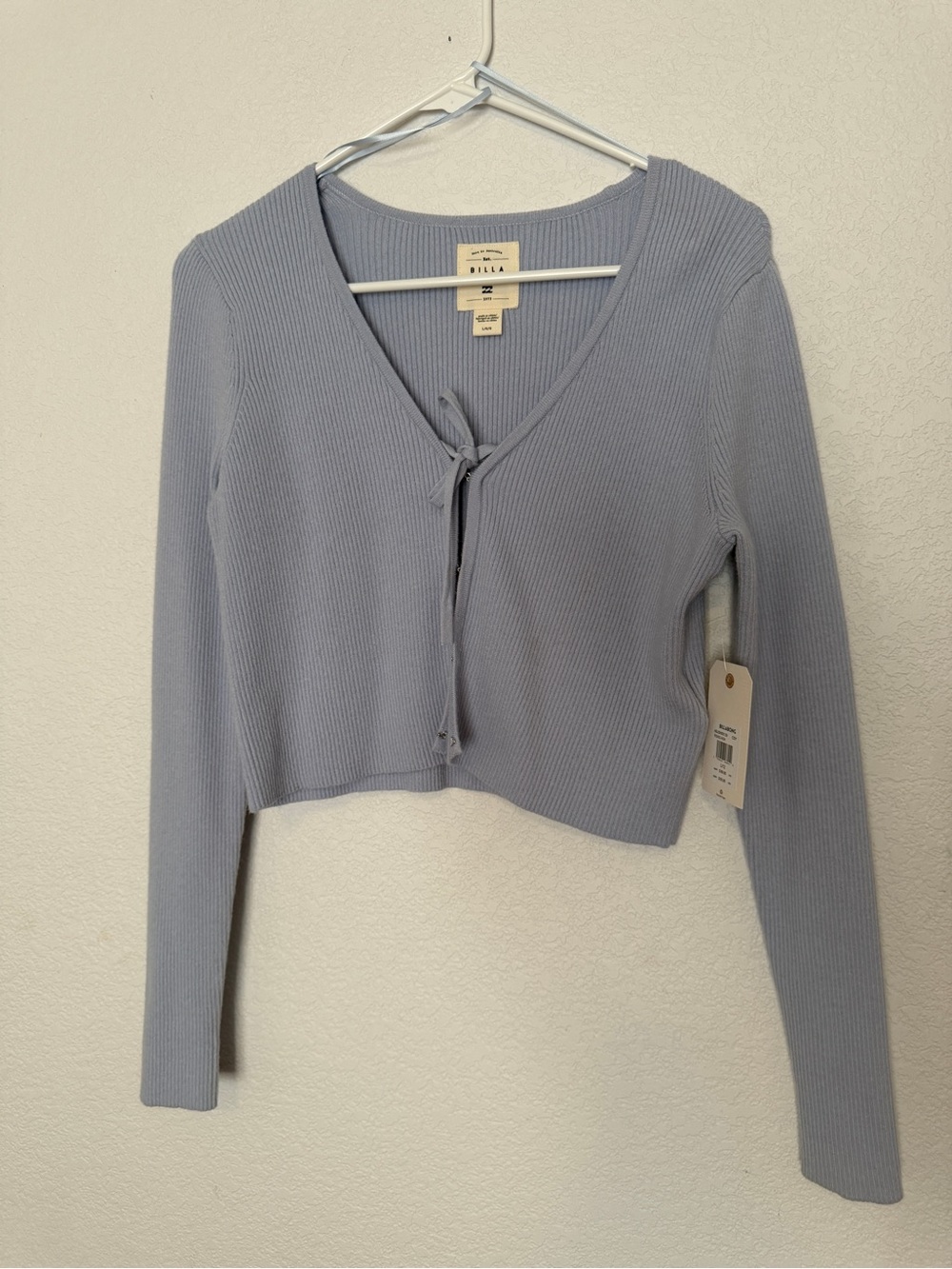 Billabong Dusty Blue Ribbed Tie-Front Long-Sleeve Crop Top Size Large Lilac